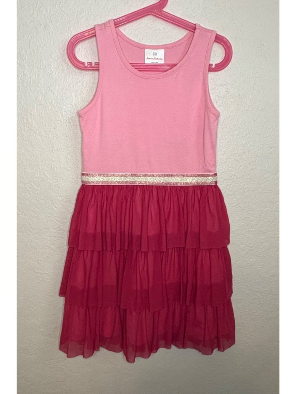 Hanna Andersson Girls Pink Tulle Tank Dress W/ Glitter Waistband & Ruffle Skirt